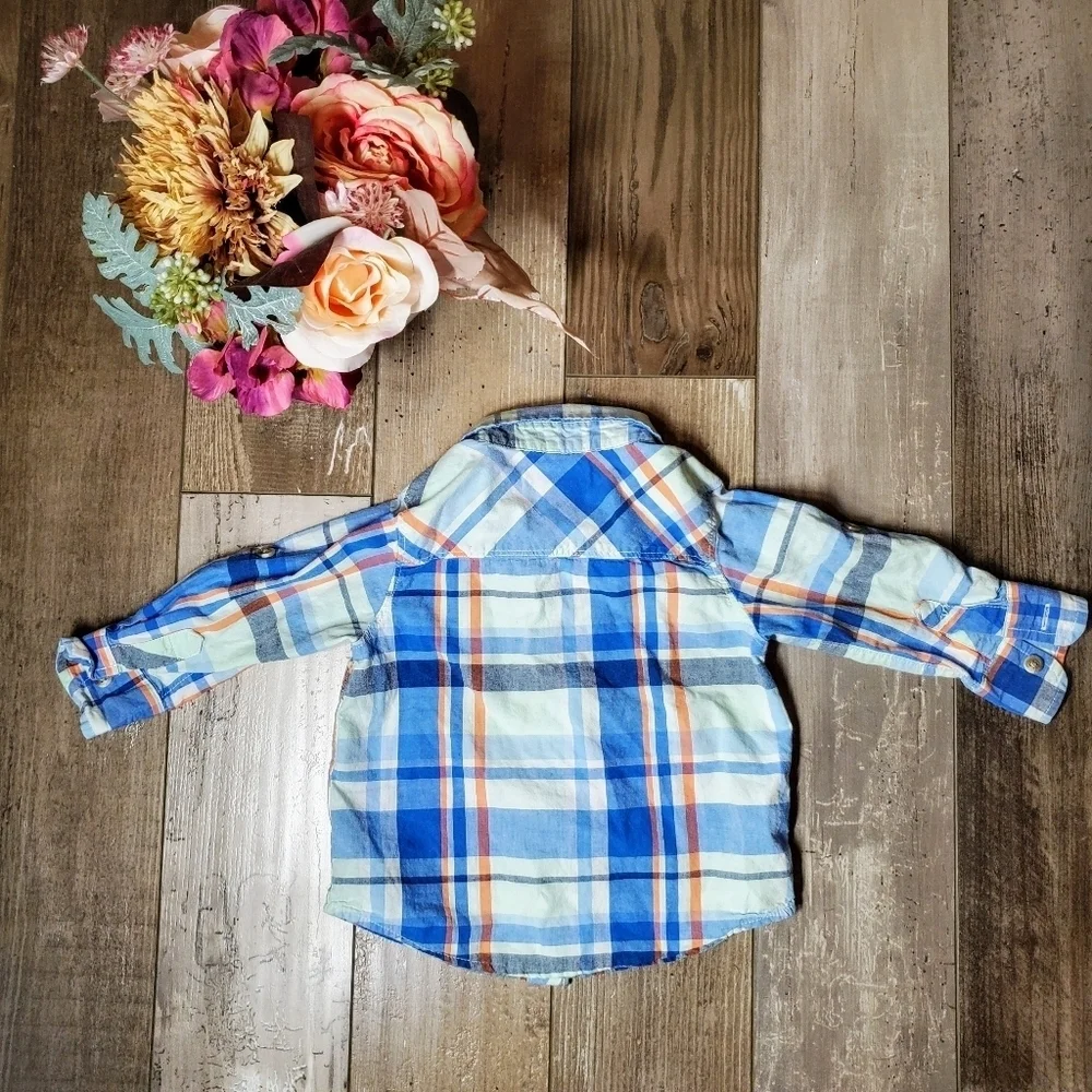 Old Navy Boys 12-18m Plaid Button Down Shirt Blue Orange EUC